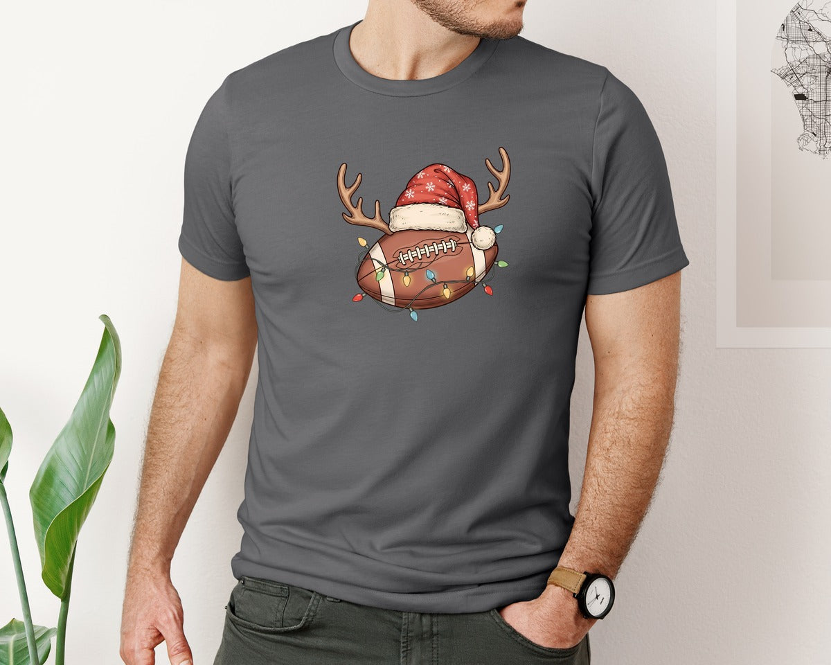 brand:Bella Canvas|color:Asphalt|Christmas Football Reindeer Santa Hat Graphic T-Shirt
