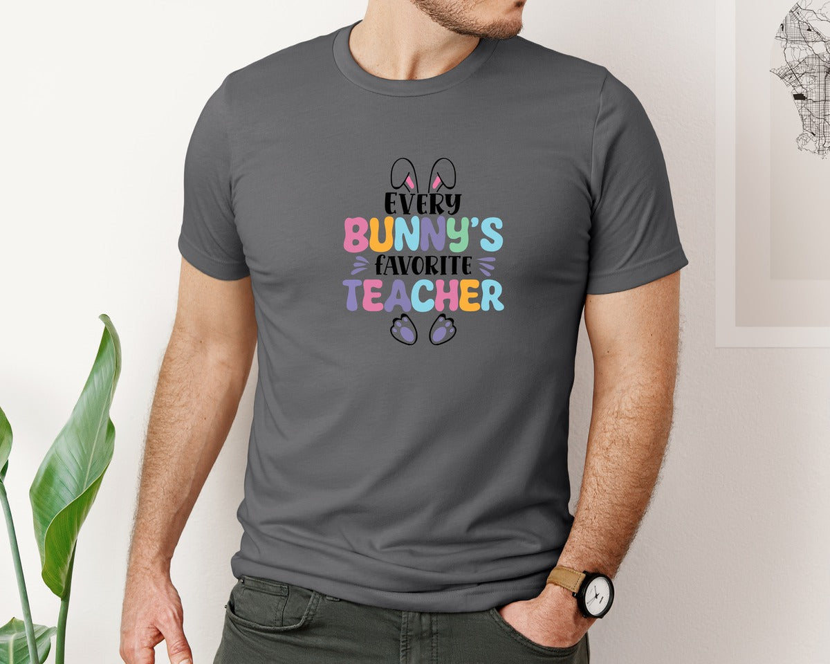 brand:Bella Canvas|color:Asphalt|Every Bunnys Favorite Teacher Easter 9 Graphic T-Shirt