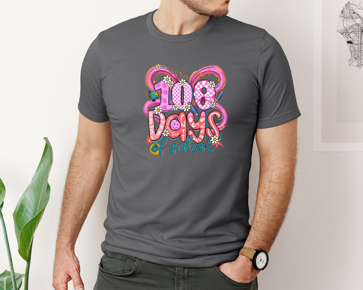brand:Bella Canvas|color:Asphalt|Happy 100 Days Of School Bow 2 Graphic T-Shirt