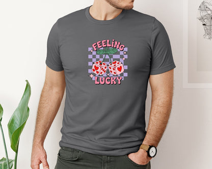brand:Bella Canvas|color:Asphalt|Feeling Lucky Hearts Dice Valentine Graphic T-Shirt