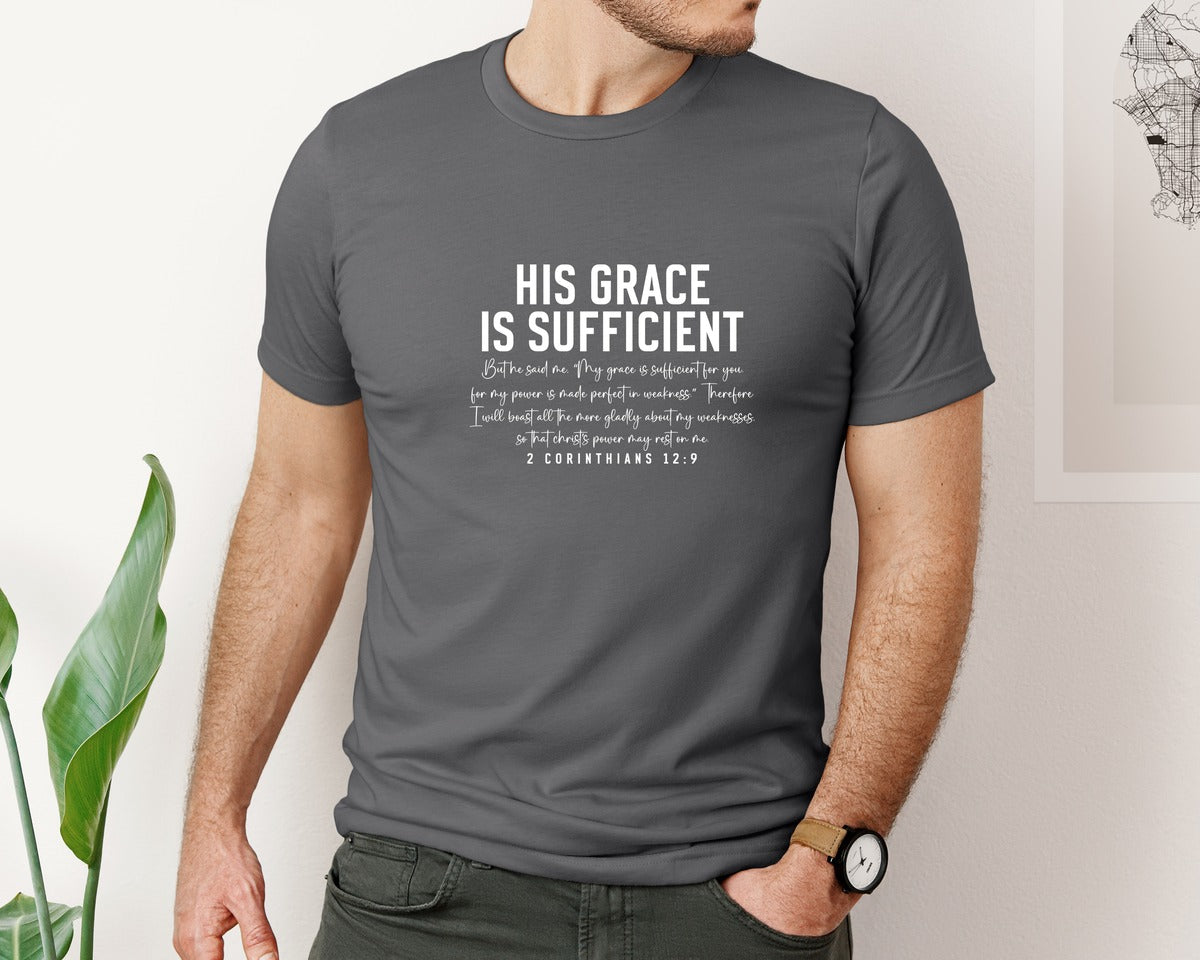 brand:Bella Canvas|color:Asphalt|His Grace Is Sufficient 2 Corinthian Graphic T-Shirt