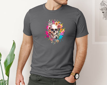 brand:Bella Canvas|color:Asphalt|Floral Skull Watercolor Skull Shirt Graphic T-Shirt