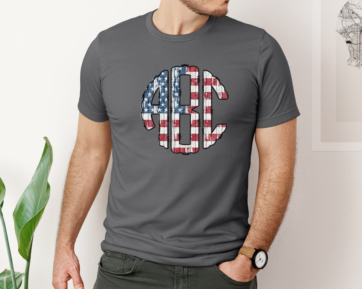 brand:Bella Canvas|color:Asphalt|Usa Flag Wood Handdraw Monogram Set Graphic T-Shirt