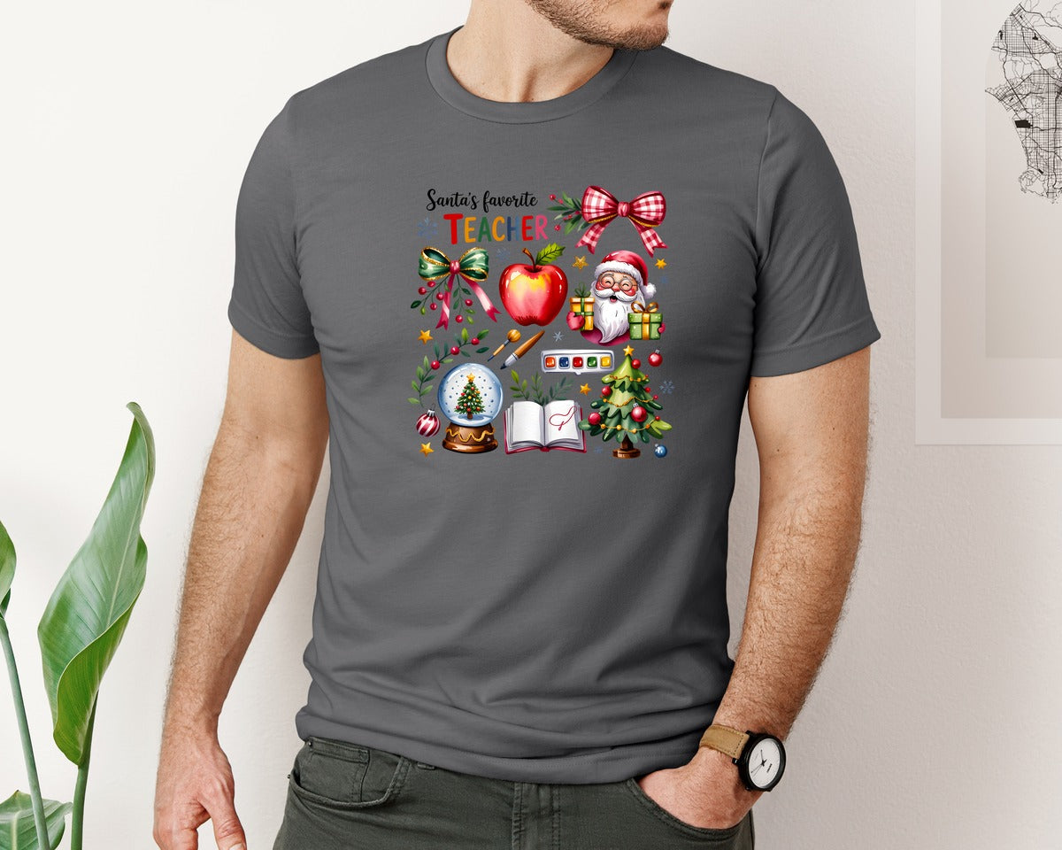 brand:Bella Canvas|color:Asphalt|Santas Favorite Teacher Christmas 21 Graphic T-Shirt
