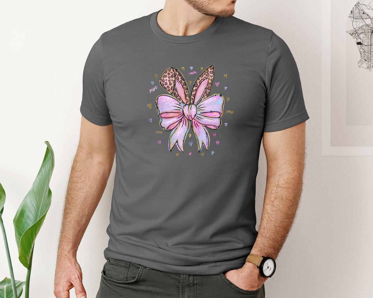 brand:Bella Canvas|color:Asphalt|Leopard Bunny Ears Pink Blue Bow Graphic T-Shirt