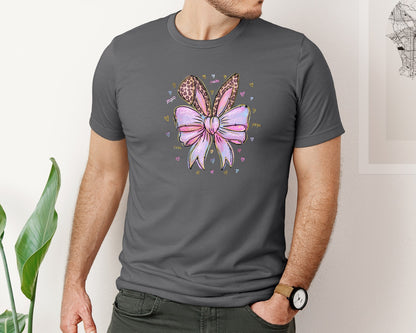 brand:Bella Canvas|color:Asphalt|Leopard Bunny Ears Pink Blue Bow Graphic T-Shirt