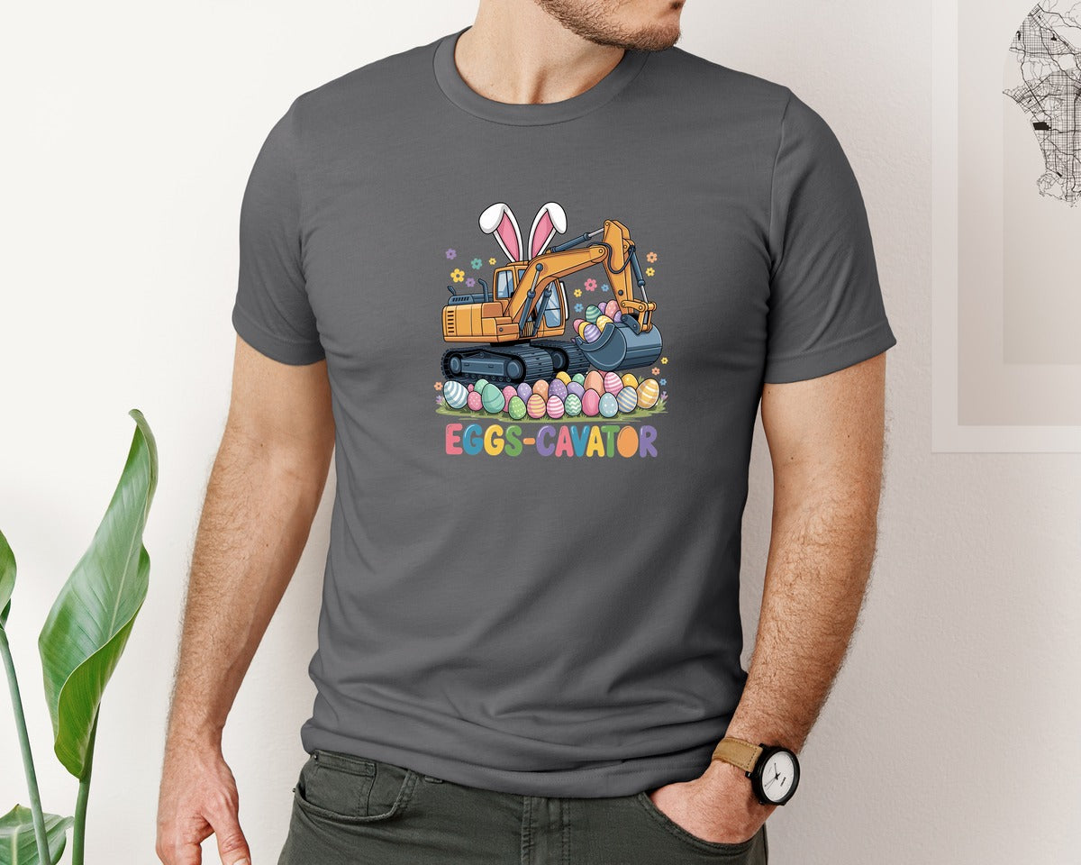 brand:Bella Canvas|color:Asphalt|Eggs Cavator Easter Excavator 3 Graphic T-Shirt