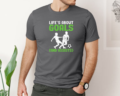 brand:Bella Canvas|color:Asphalt|Lifes About Goals Soccer T Shirt Graphic T-Shirt