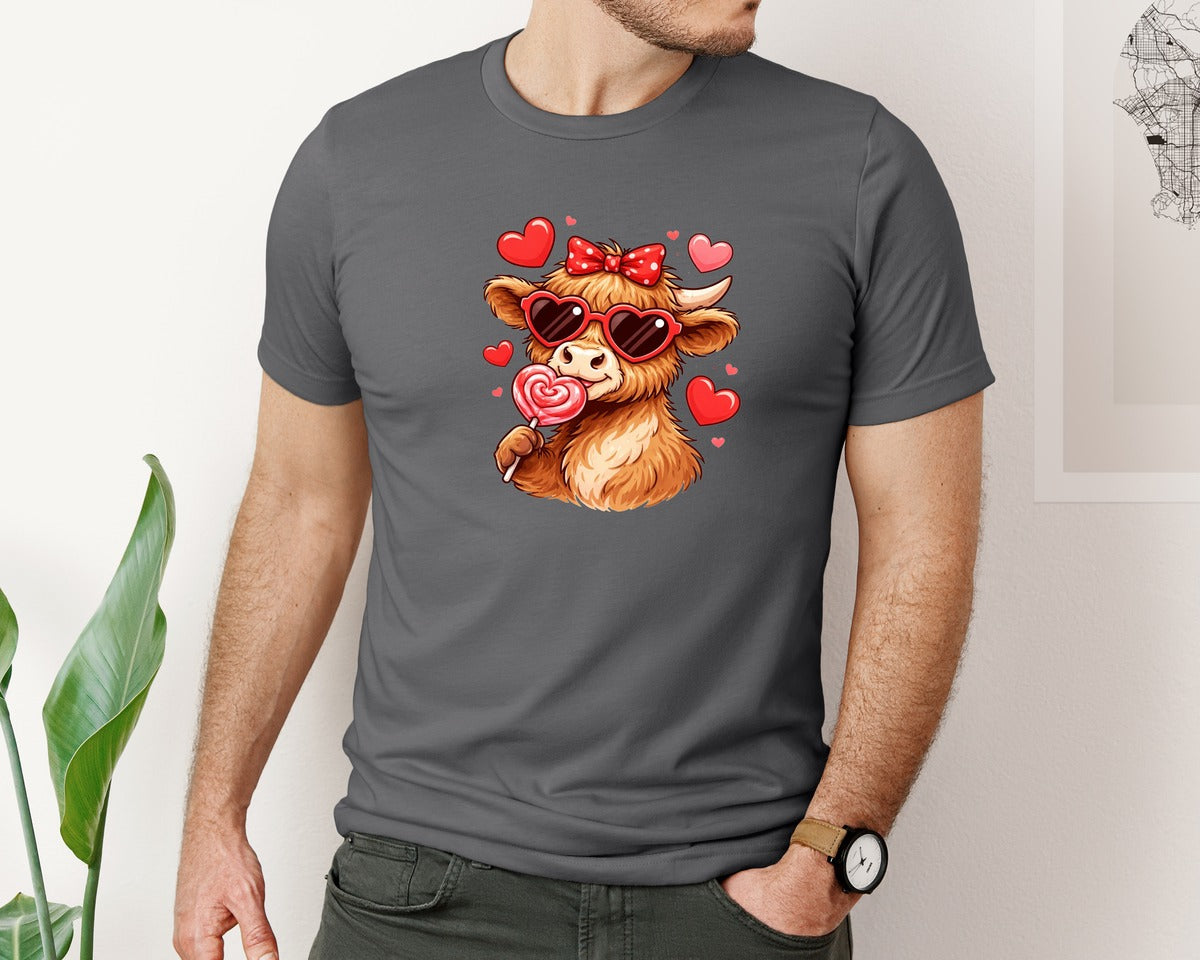 brand:Bella Canvas|color:Asphalt|Funny Valentine Highland Cow Love Graphic T-Shirt