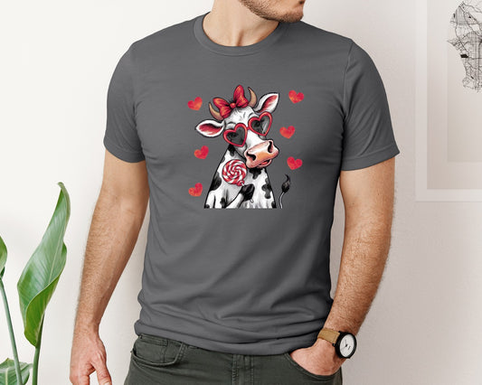 Funny Cow With Lollipop Hearts Graphic T-Shirt