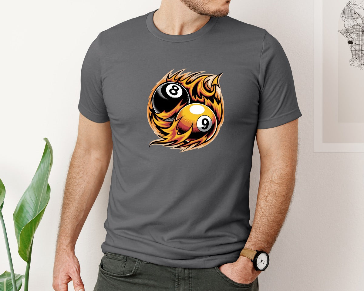 brand:Bella Canvas|color:Asphalt|Flaming 8 9 Ball Billiards Graphic T-Shirt