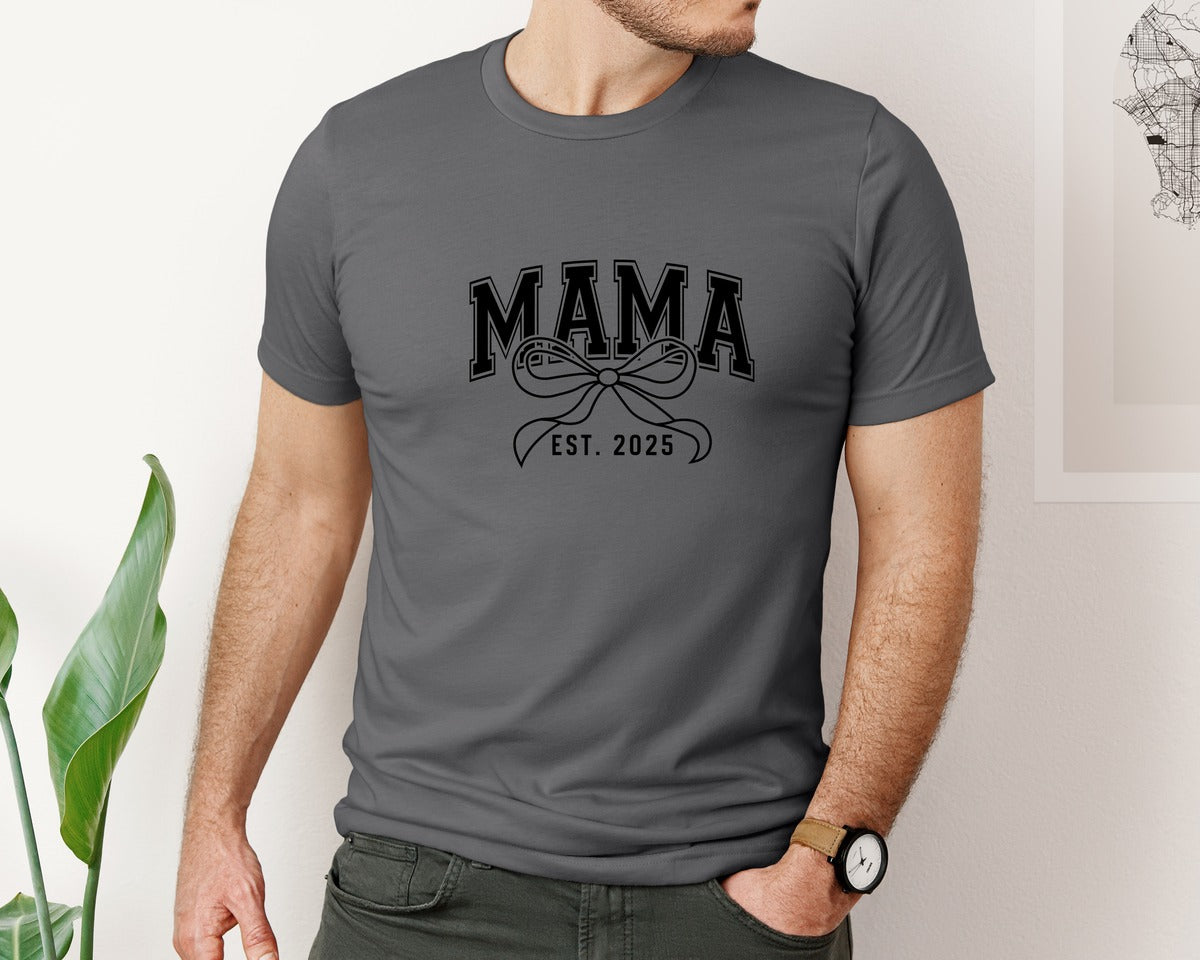 brand:Bella Canvas|color:Asphalt|Mama Bow Varsity Graphic T-Shirt