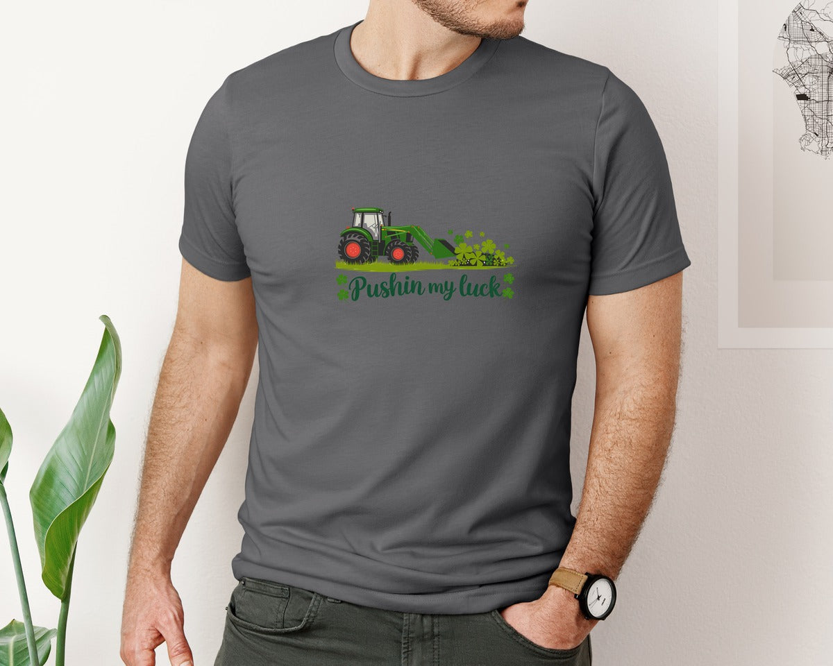 brand:Bella Canvas|color:Asphalt|Pushin My Luck St Patricks Day 3 Graphic T-Shirt