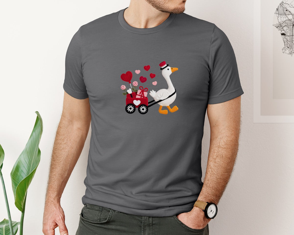 brand:Bella Canvas|color:Asphalt|Faux Embroidery Valentine Goose Yarn Graphic T-Shirt