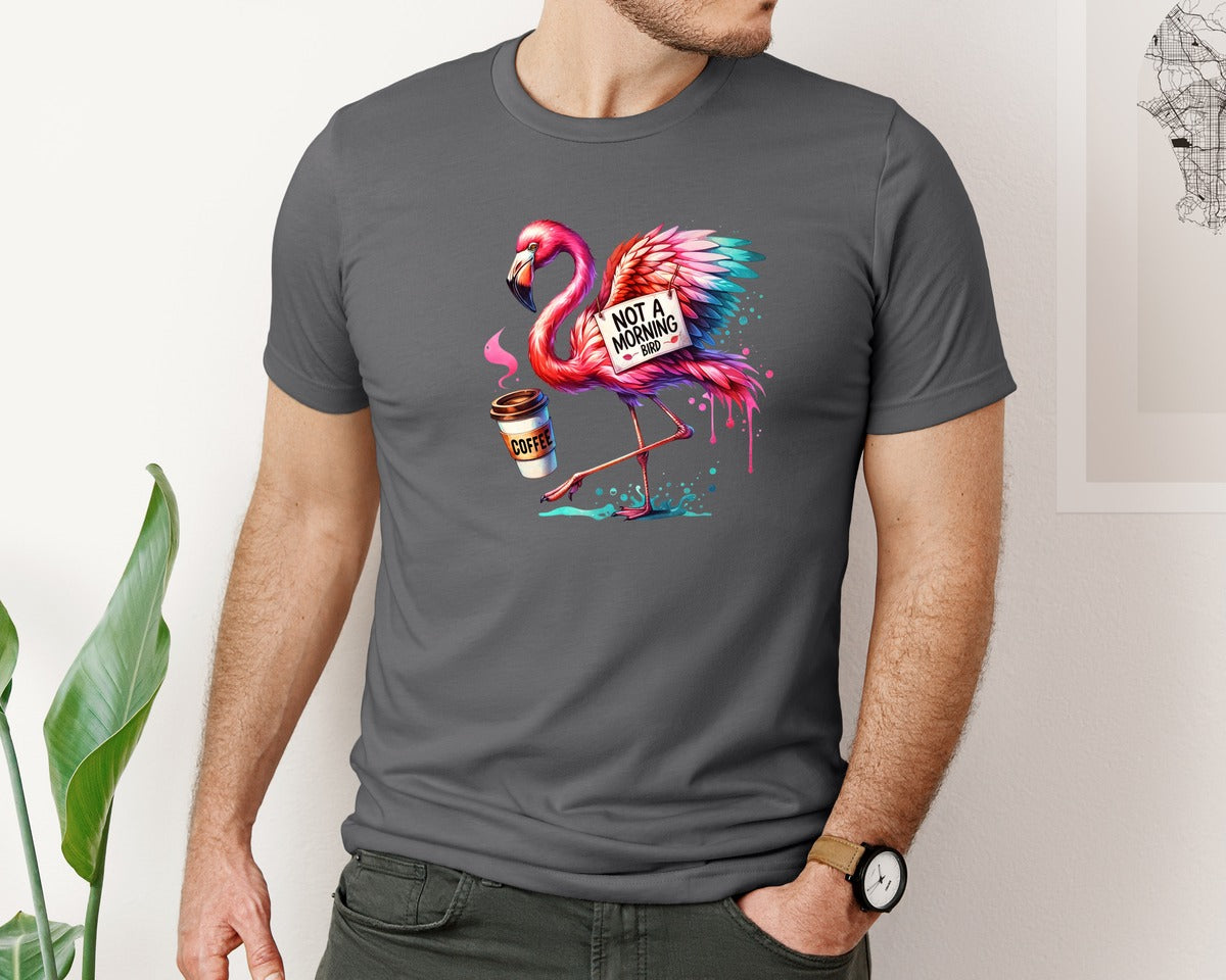 brand:Bella Canvas|color:Asphalt|Funny Flamingo Not A Morning Bird Graphic T-Shirt