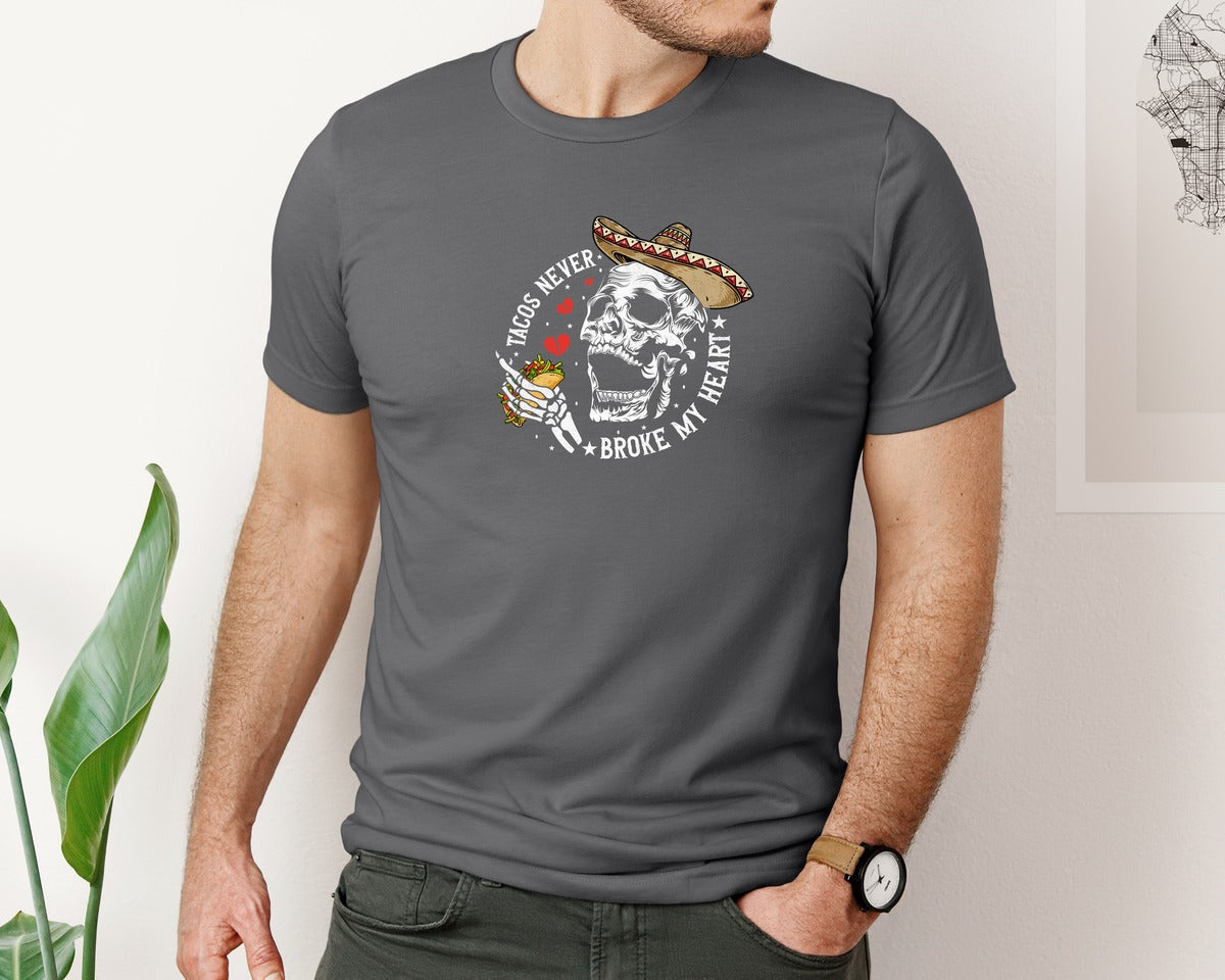 brand:Bella Canvas|color:Asphalt|Tacos Never Broke My Heart Skeleton Graphic T-Shirt