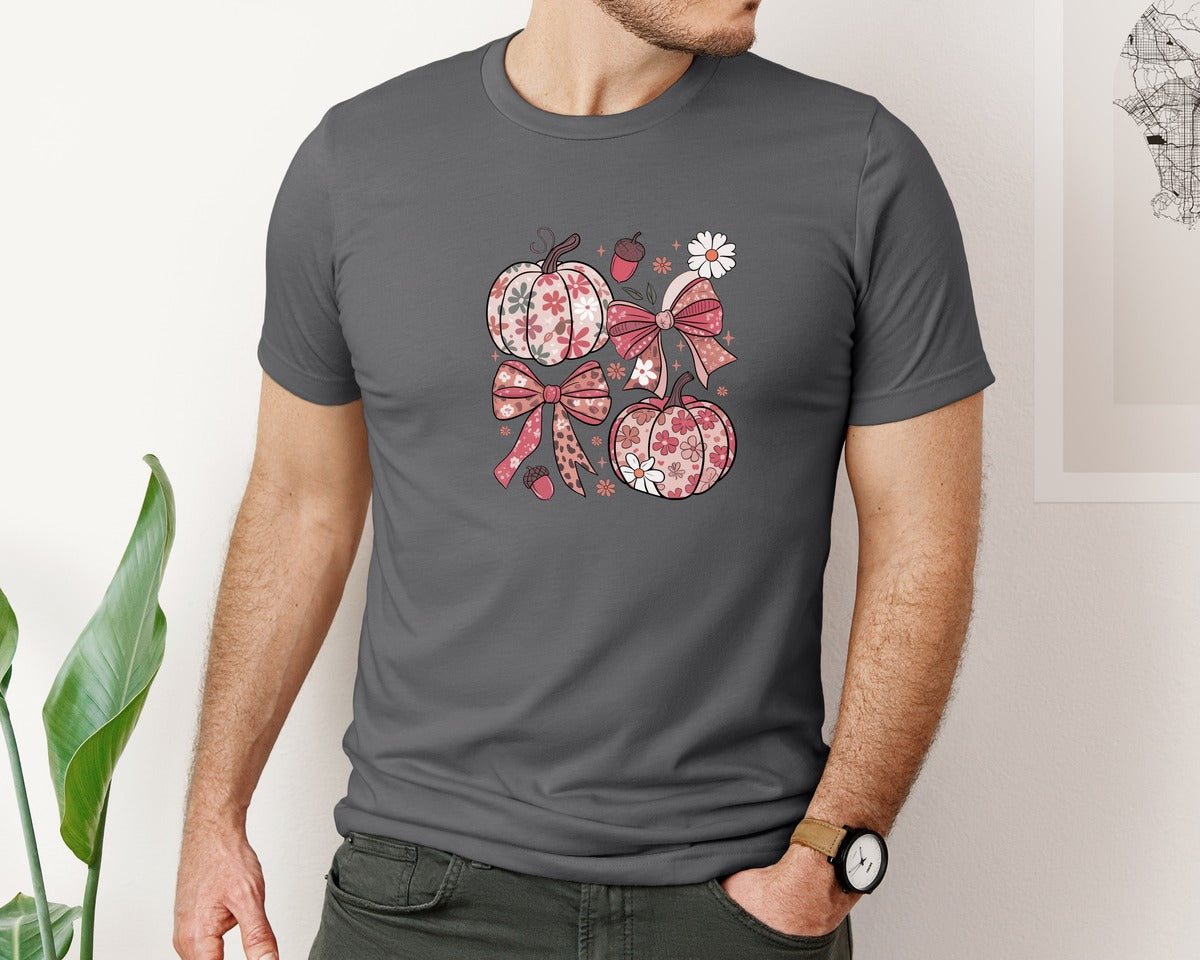 brand:Bella Canvas|color:Asphalt|Preppy Floral Fall Pumpkin Bow Shirt Graphic T-Shirt