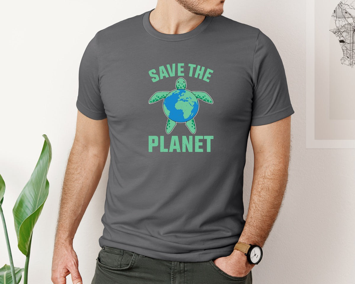 brand:Bella Canvas|color:Asphalt|Save The Planet Turtle Earth Globe Graphic T-Shirt