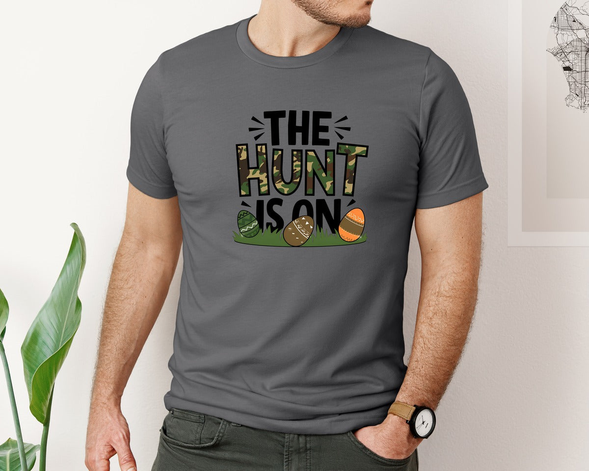 brand:Bella Canvas|color:Asphalt|The Hunt Is On Camo Easter Egg Camo Graphic T-Shirt