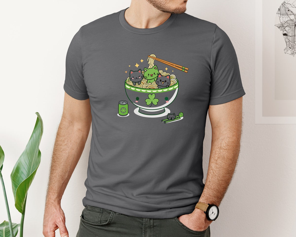 brand:Bella Canvas|color:Asphalt|Lucky Ramen Cat St Patricks Day Graphic T-Shirt