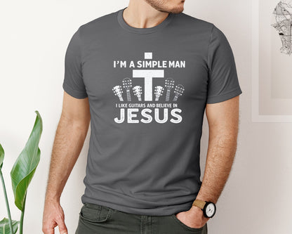 brand:Bella Canvas|color:Asphalt|Christian Guitar Im A Simple Man Graphic T-Shirt