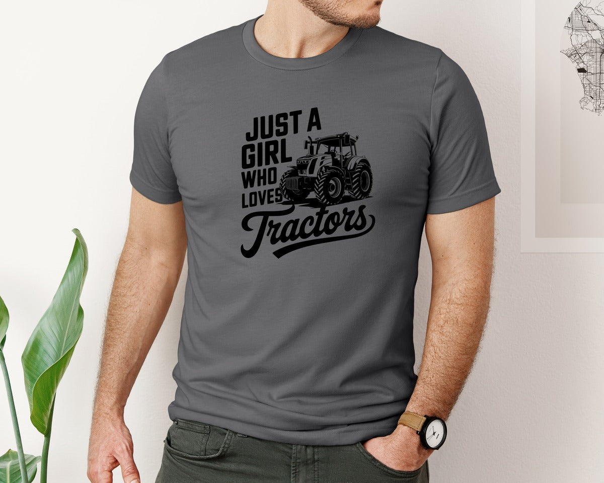 brand:Bella Canvas|color:Asphalt|Just A Girl Who Loves Tractors T Shi Graphic T-Shirt