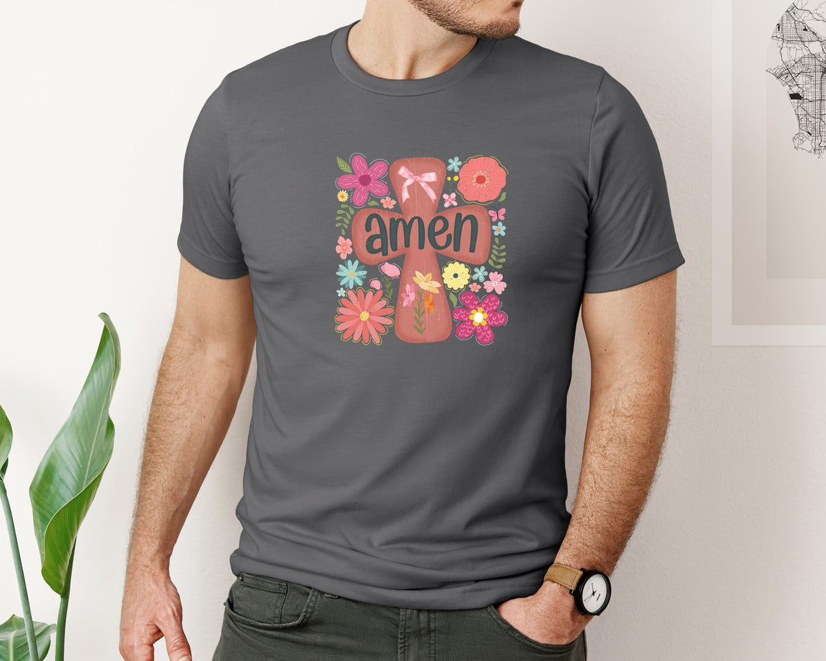 brand:Bella Canvas|color:Asphalt|Boho Floral Amen Christian Graphic T-Shirt