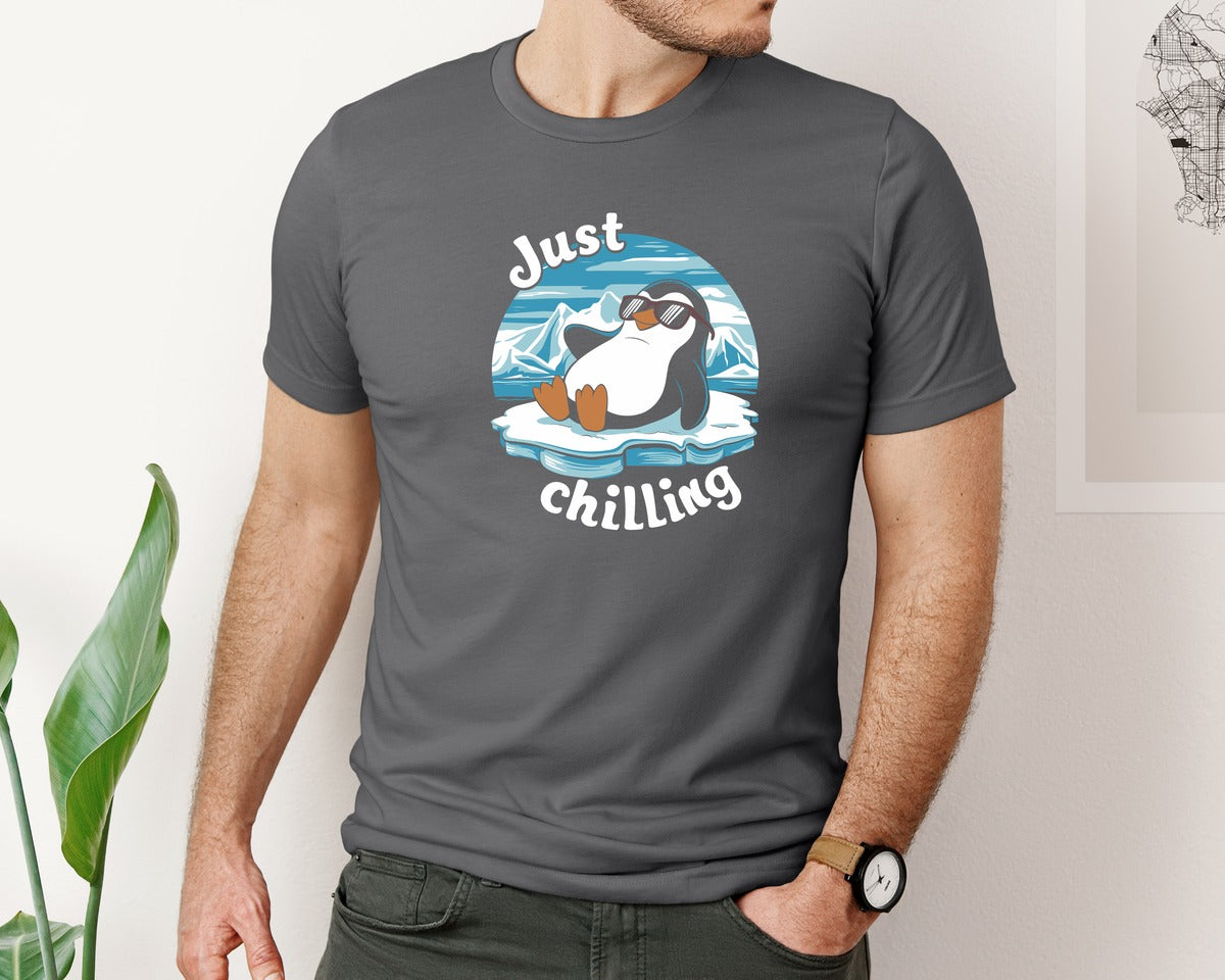 brand:Bella Canvas|color:Asphalt|Just Chilling Penguin Pun Relaxed Vibes Graphic T-Shirt