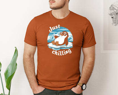 brand:Bella Canvas|color:Autumn|Just Chilling Penguin Pun Relaxed Vibes Graphic T-Shirt