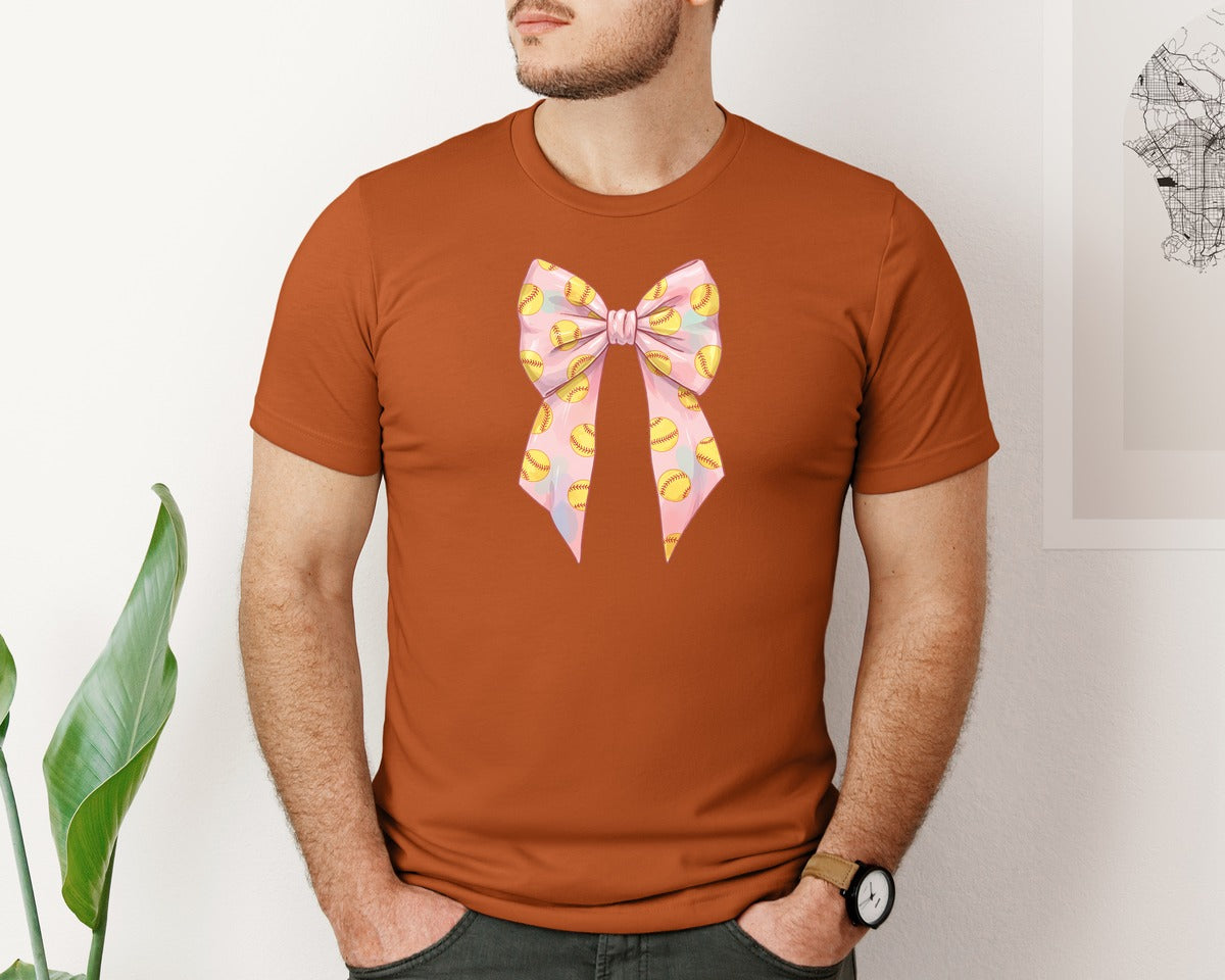 brand:Bella Canvas|color:Autumn|Softball Bow Graphic T-Shirt