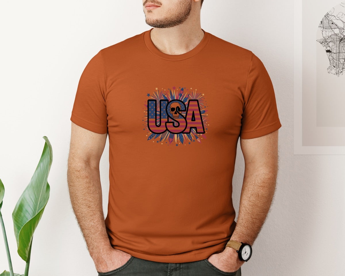 brand:Bella Canvas|color:Autumn|Usa Skull Fireworks 4Th Of July T Shirt 2 Graphic T-Shirt