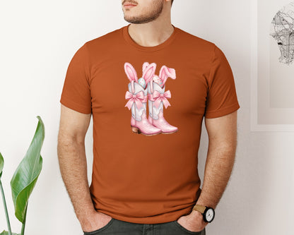 brand:Bella Canvas|color:Autumn|Howdy Western Easter Bunny Cowboy Boots Graphic T-Shirt