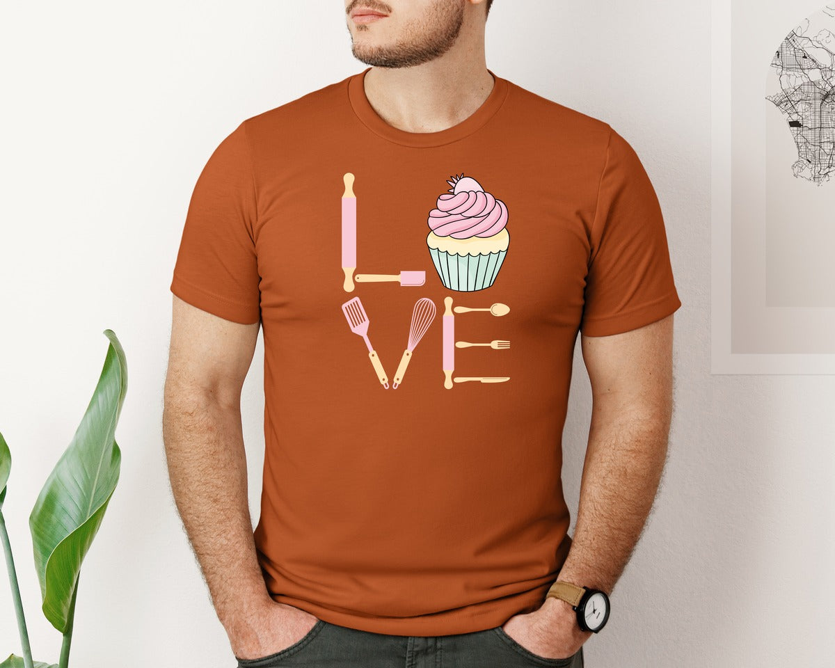 brand:Bella Canvas|color:Autumn|Baking Love Cupcake Whisk Spatula Graphic T-Shirt