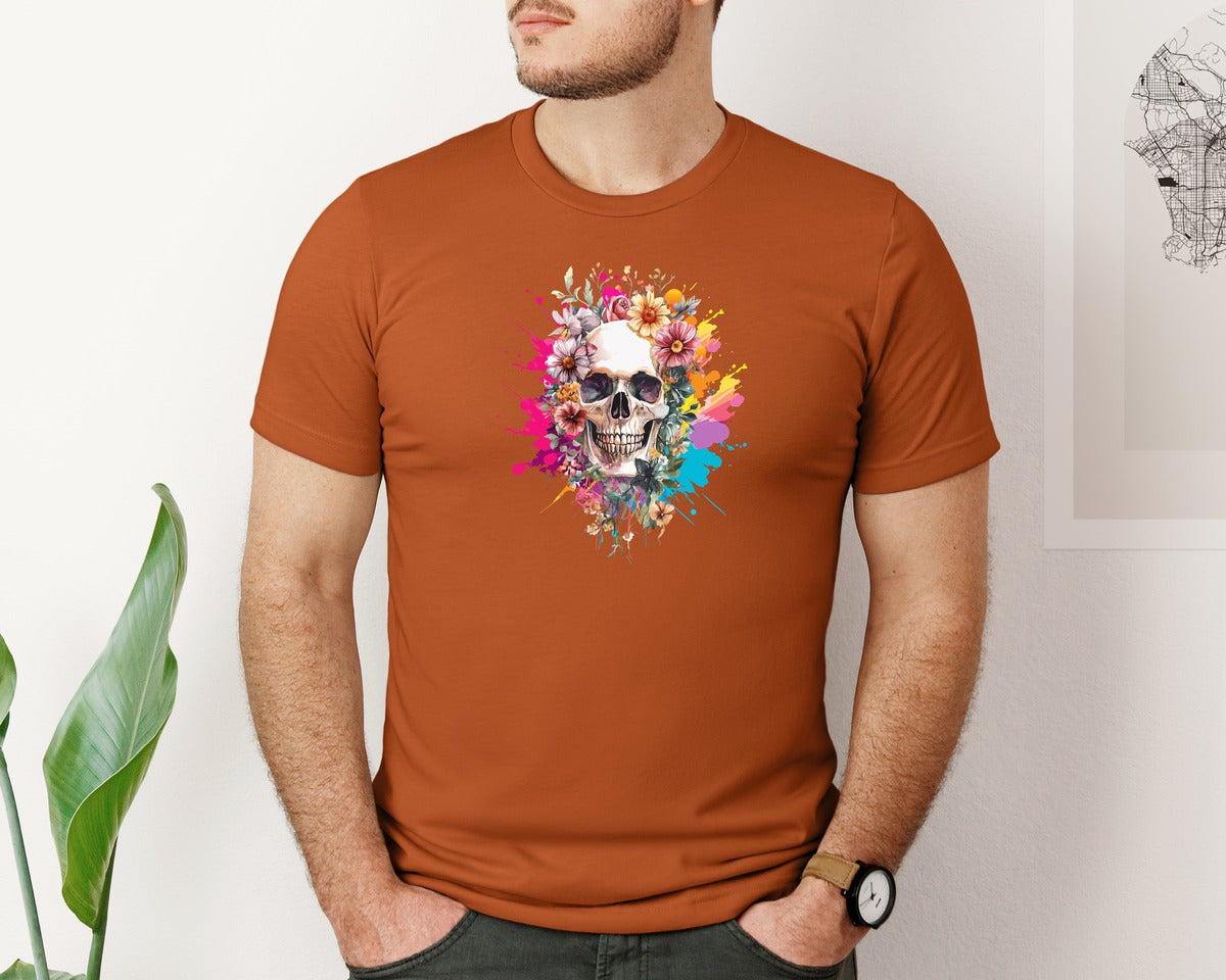 brand:Bella Canvas|color:Autumn|Floral Skull Watercolor Skull Shirt Graphic T-Shirt