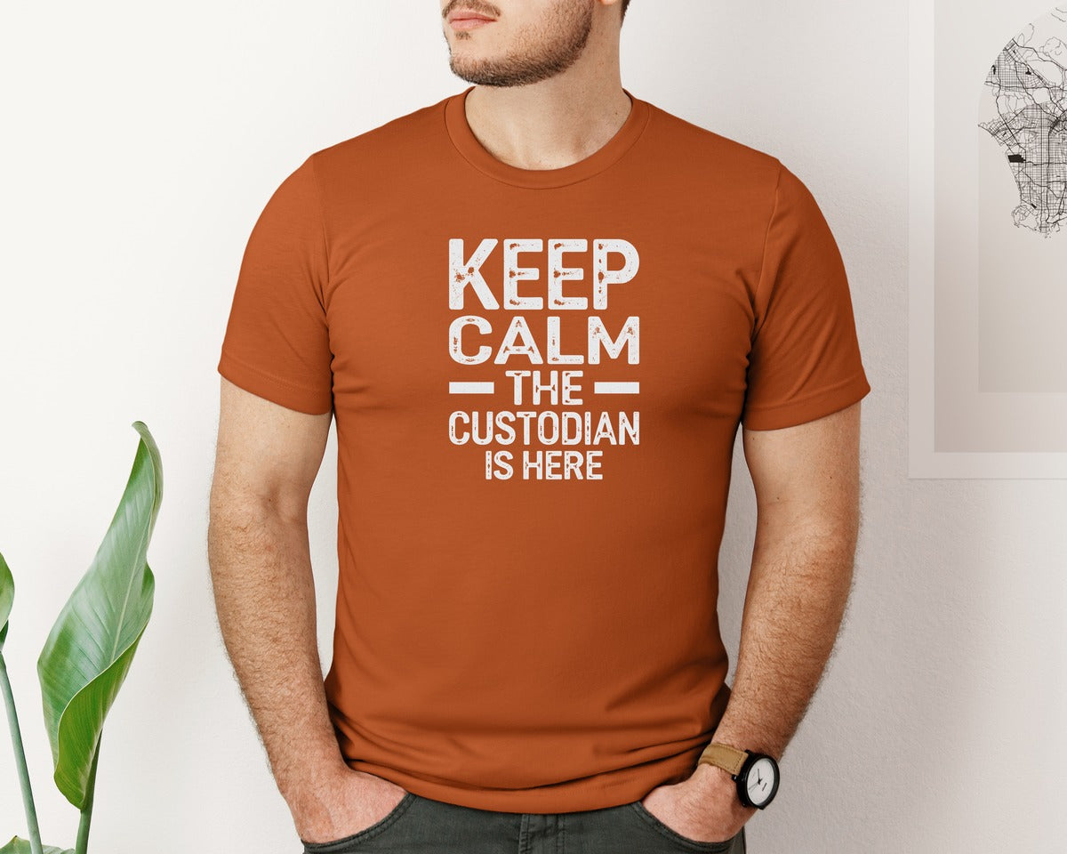 brand:Bella Canvas|color:Autumn|Keep Calm Custodian Here Graphic T-Shirt
