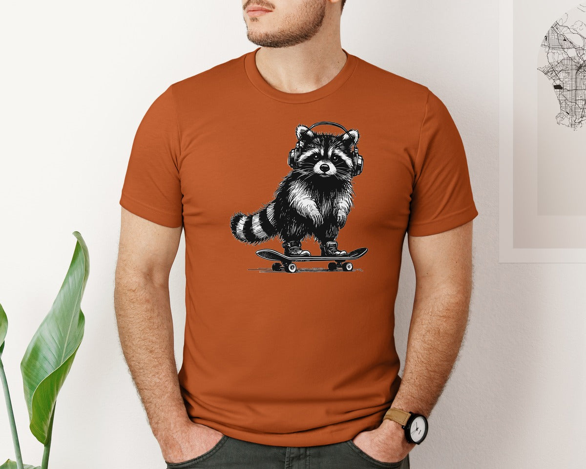 brand:Bella Canvas|color:Autumn|Raccoon Playing Skateboard Shirt Graphic T-Shirt