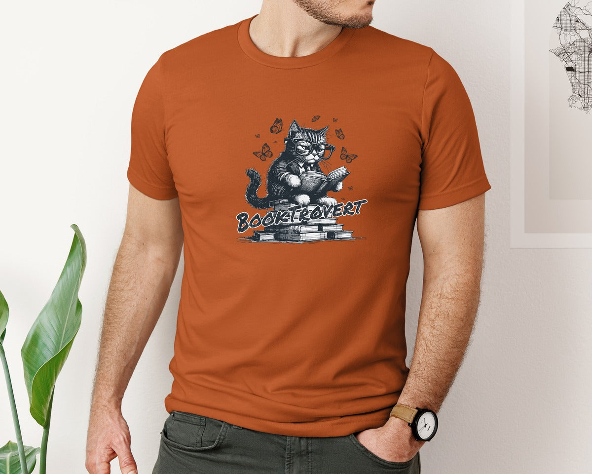 brand:Bella Canvas|color:Autumn|Book Trovert Reading Cat Shirt Graphic T-Shirt