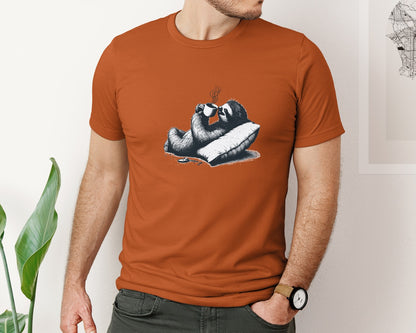 brand:Bella Canvas|color:Autumn|Sloth Lying And Drink Coffee Shirt Graphic T-Shirt