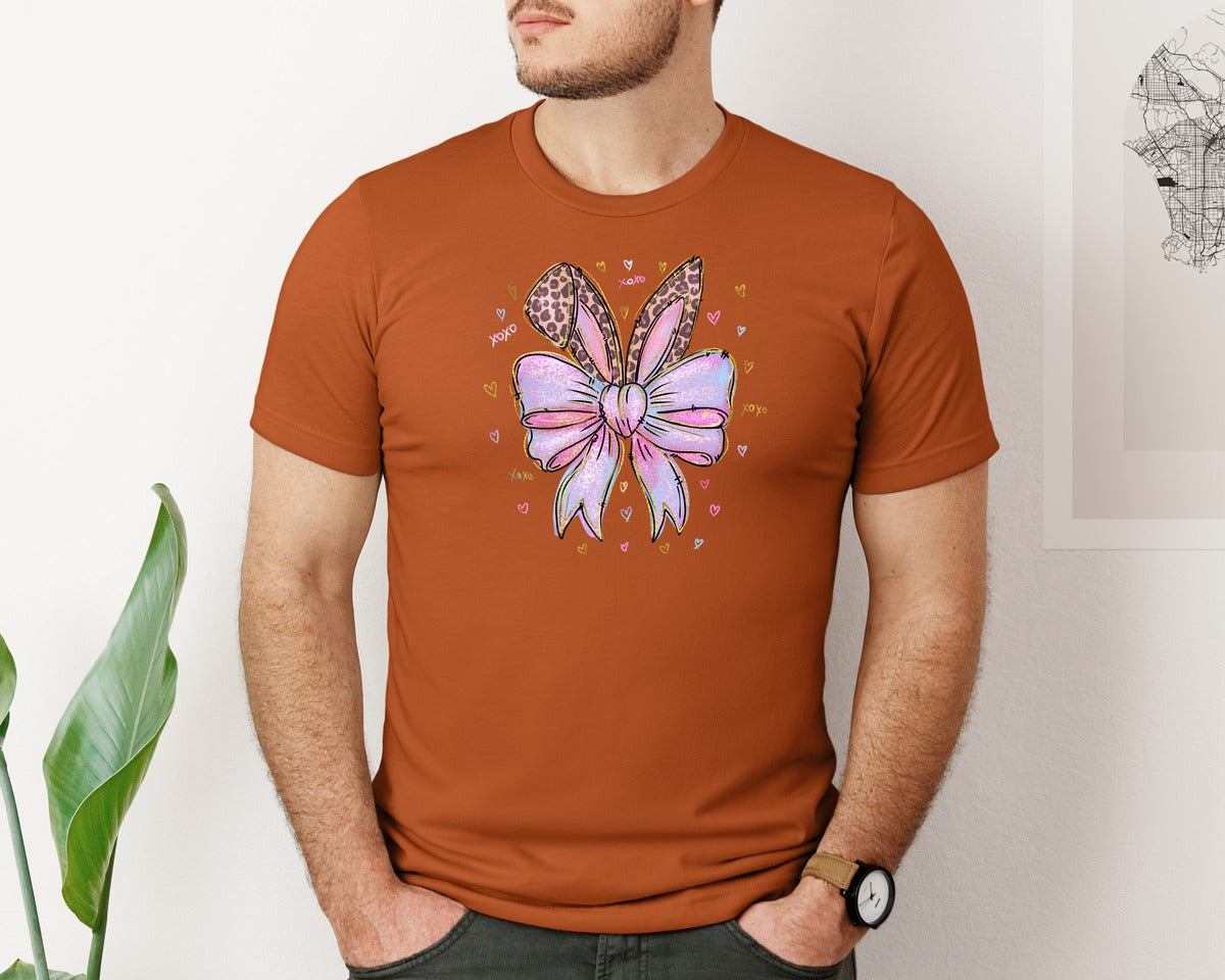 brand:Bella Canvas|color:Autumn|Leopard Bunny Ears Pink Blue Bow Graphic T-Shirt