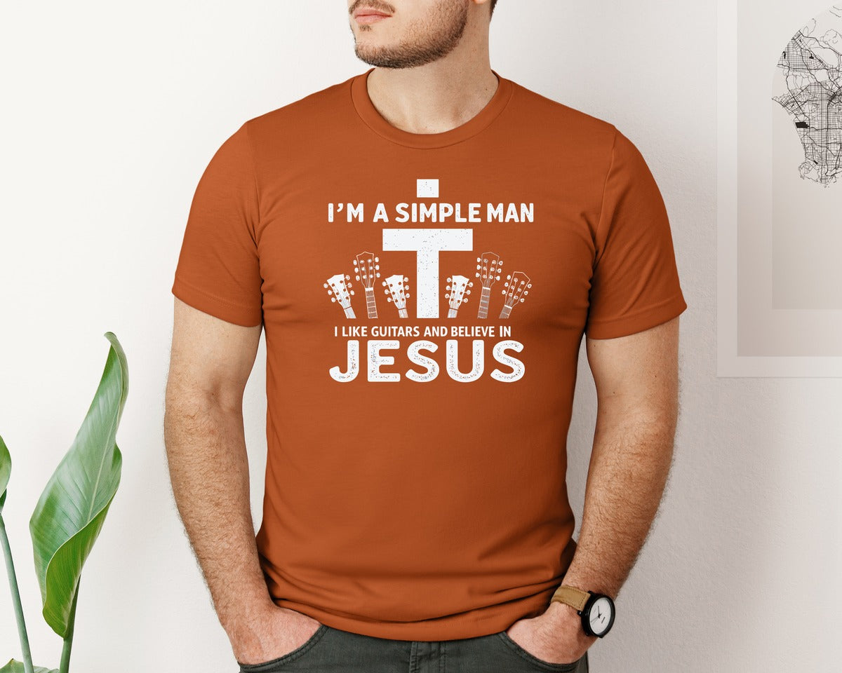 brand:Bella Canvas|color:Autumn|Christian Guitar Im A Simple Man Graphic T-Shirt
