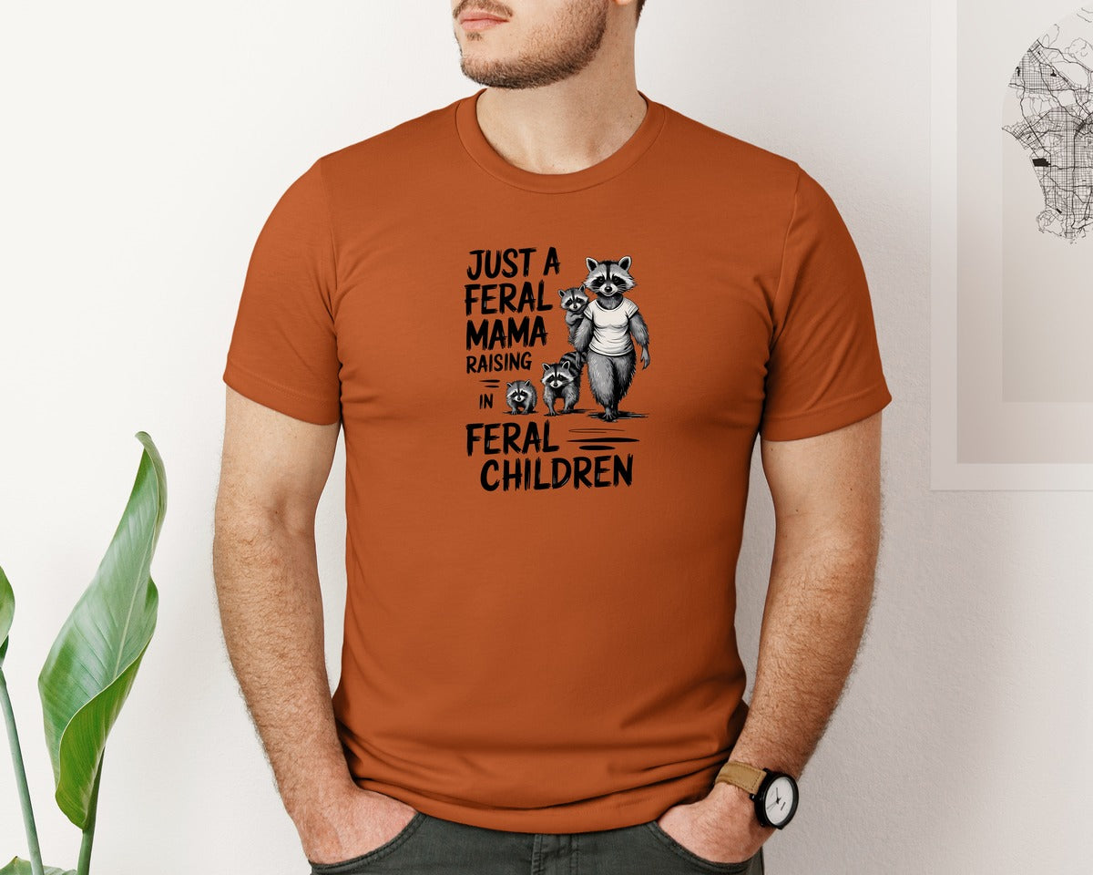 brand:Bella Canvas|color:Autumn|Funny Mothers Day Raccoon Mama Tired Graphic T-Shirt