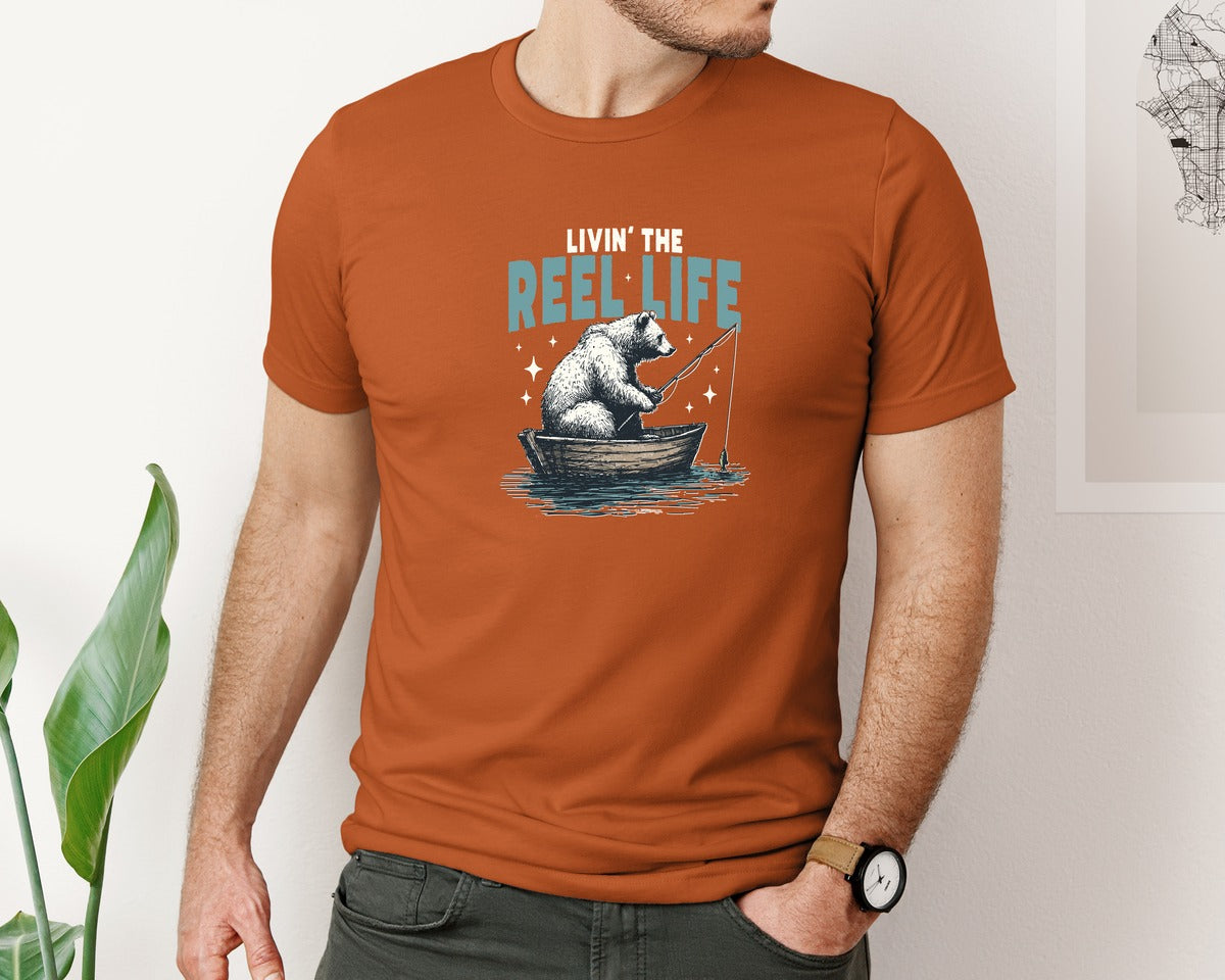 brand:Bella Canvas|color:Autumn|Livin The Reel Life Bear Fishing Shirt Graphic T-Shirt