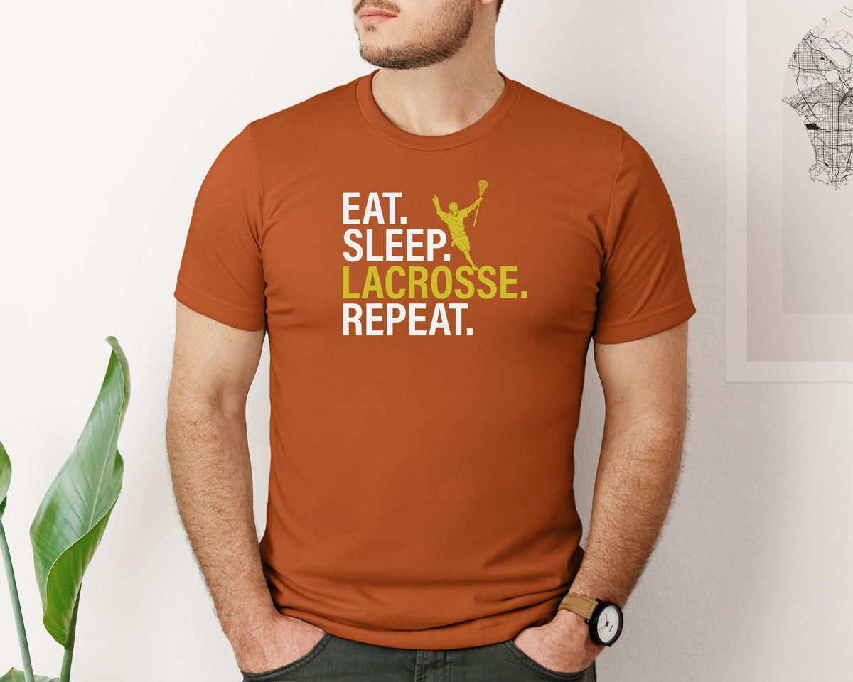 brand:Bella Canvas|color:Autumn|Eat Sleep Lacrosse Repeat Sports Team Graphic T-Shirt