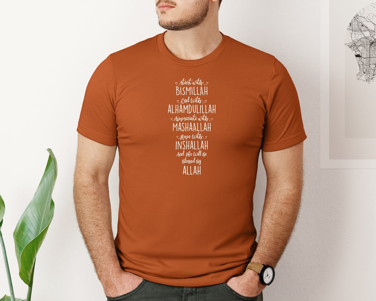 brand:Bella Canvas|color:Autumn|Start With Bismillah End With Alhamduli 2 Graphic T-Shirt