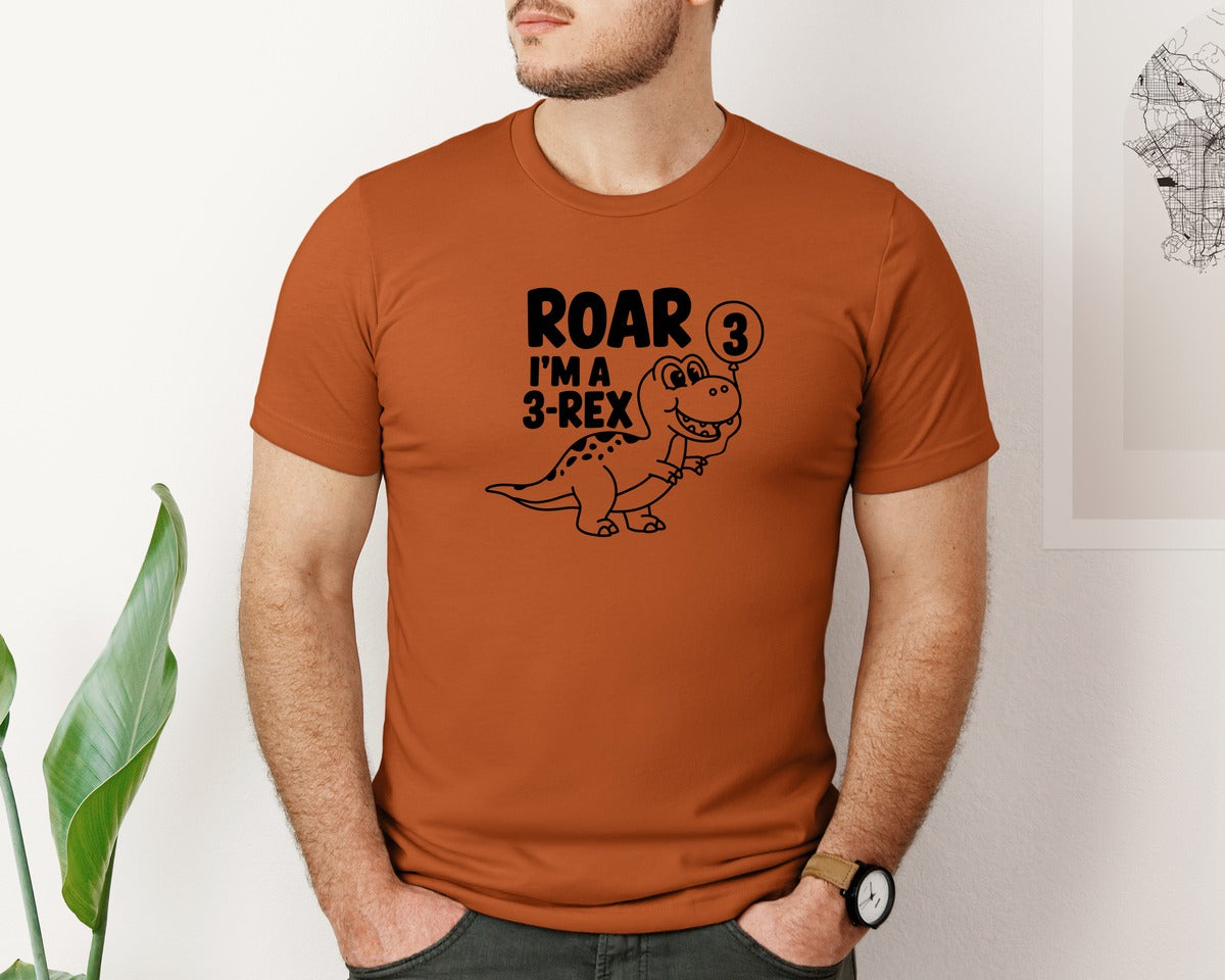 brand:Bella Canvas|color:Autumn|3 Rex Dinosaur Birthday Graphic T-Shirt