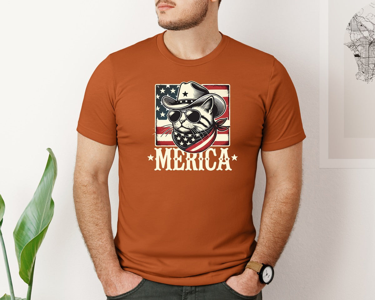brand:Bella Canvas|color:Autumn|Merica Cat Patriotic Cowboy Cat Graphic T-Shirt