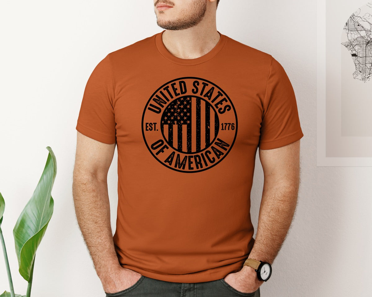 brand:Bella Canvas|color:Autumn|United States Of America Patriotic Graphic T-Shirt