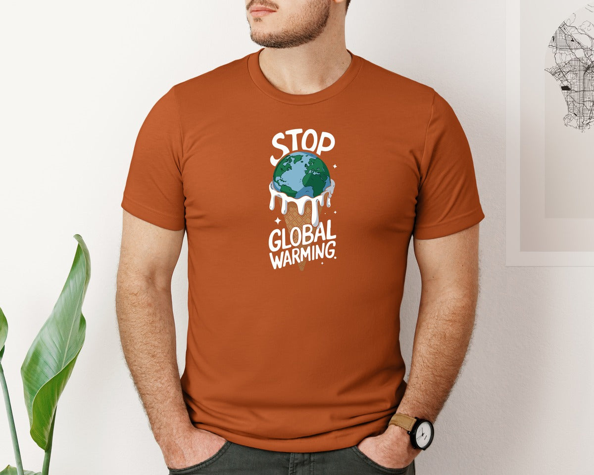 brand:Bella Canvas|color:Autumn|Stop Global Warming Funny Cute Teacher Graphic T-Shirt
