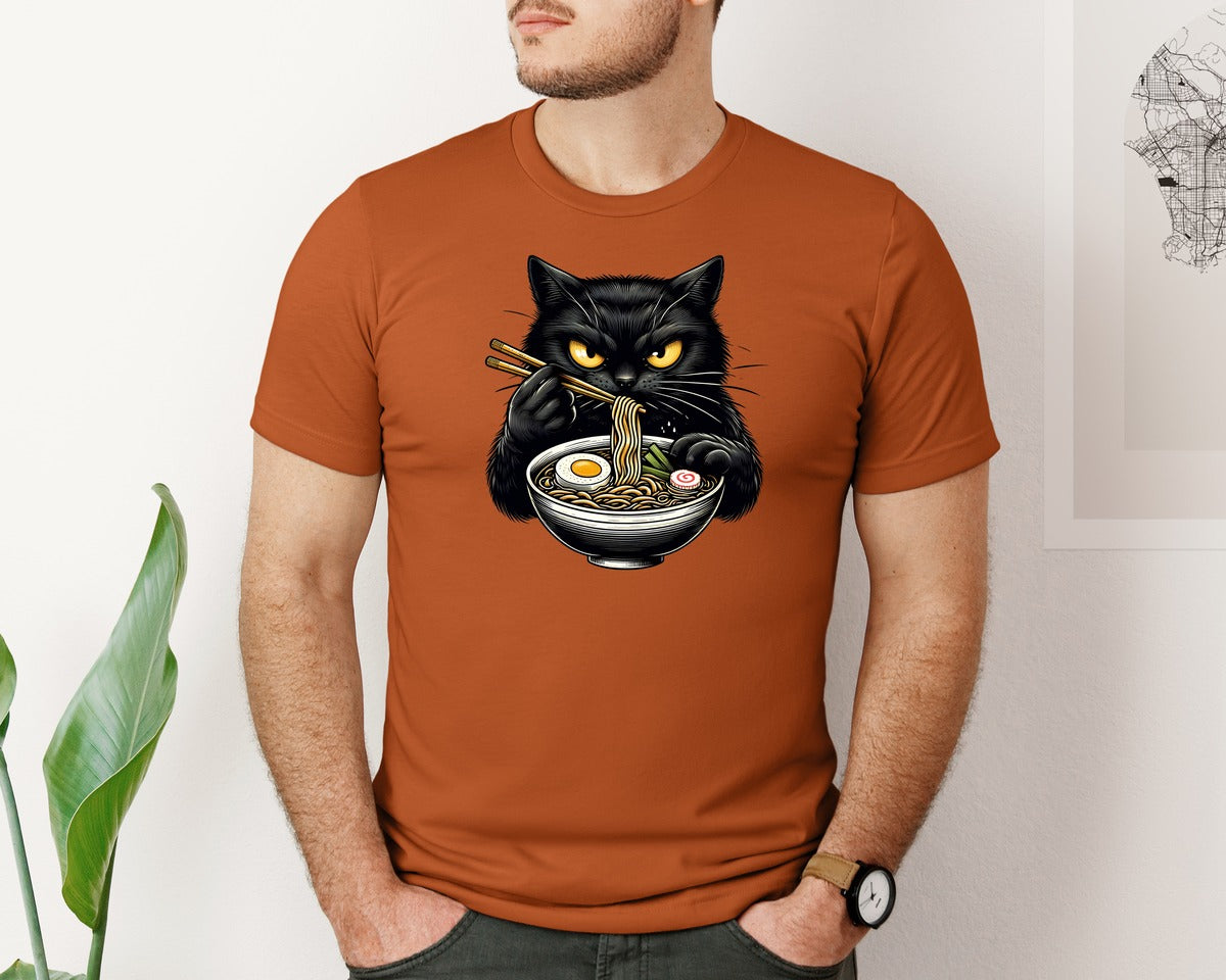 brand:Bella Canvas|color:Autumn|Cute Black Cat Eating Ramen Noodle 3 Graphic T-Shirt
