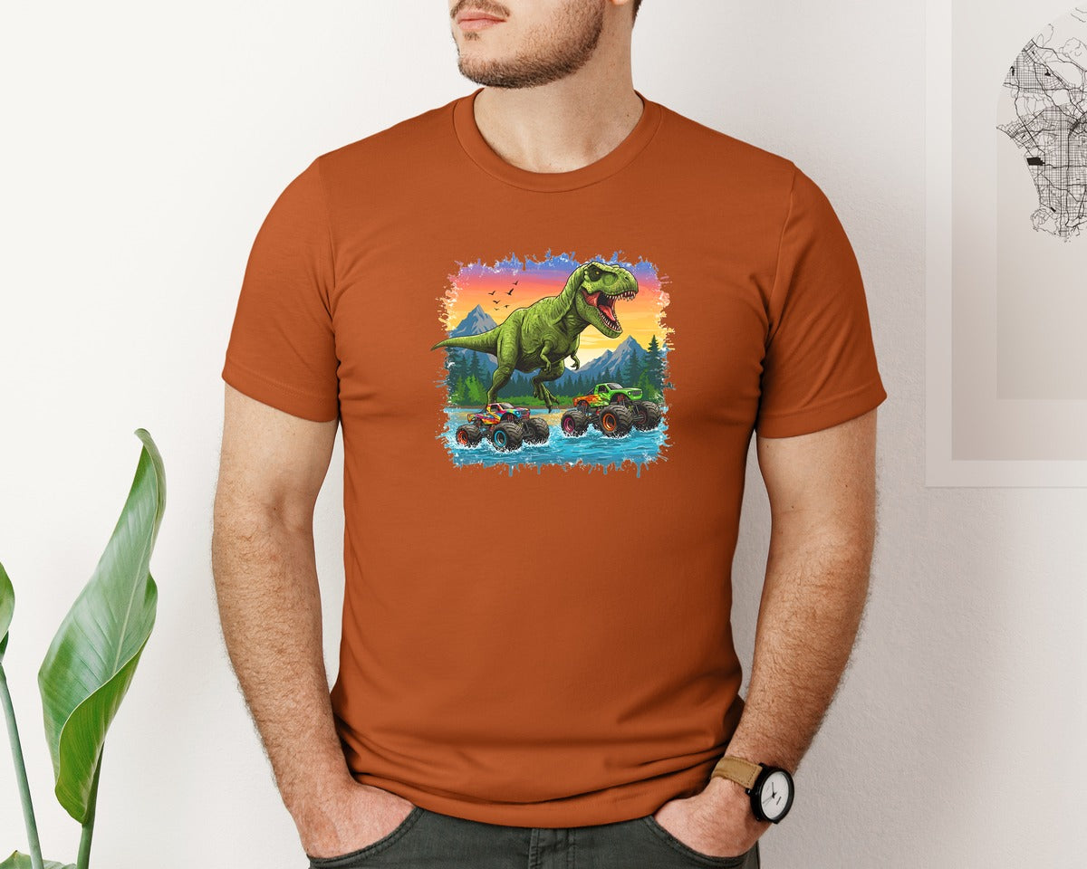 brand:Bella Canvas|color:Autumn|Dinosaur Monster Truck T Rex Graphic T-Shirt